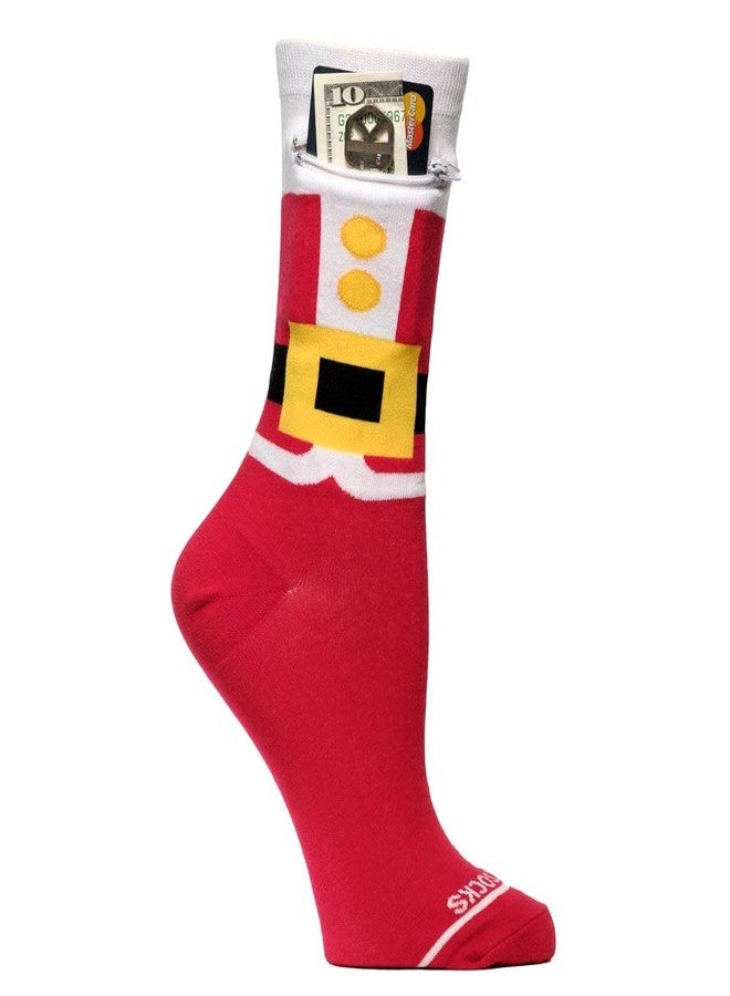 Pocket Socks Fashion Print Holiday Crew Socks for Women & Men - Anti Theft Novelty Socks w/Hidden Zipper Stash Spot Pocket for Travel ID, Keys, Cash - Santa Suit (Limited Edition) - Image 1